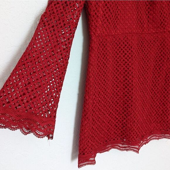 Women's Aqua Eyelet Mini Dress Red Bell Sleeve Geometric Lace Small Mock Neck - Picture 3 of 11